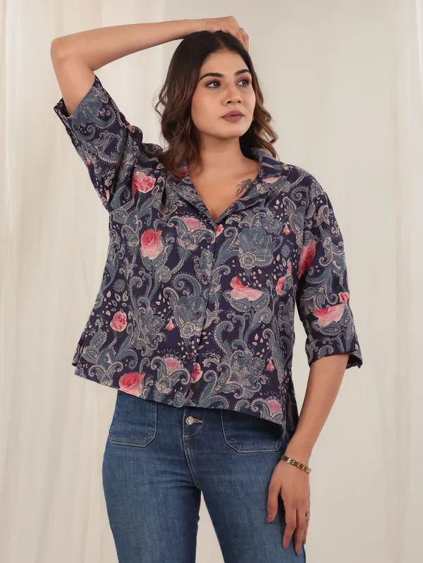 Navy_Blue_Cotton_linen_Paisley_Print_Shirt_Top_For_Women