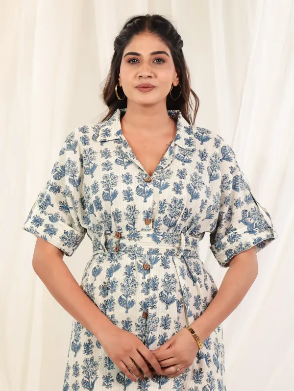 Off_White_Indigo_Cotton_Flared_Block_Print_Button_Down_Dress_For_Women