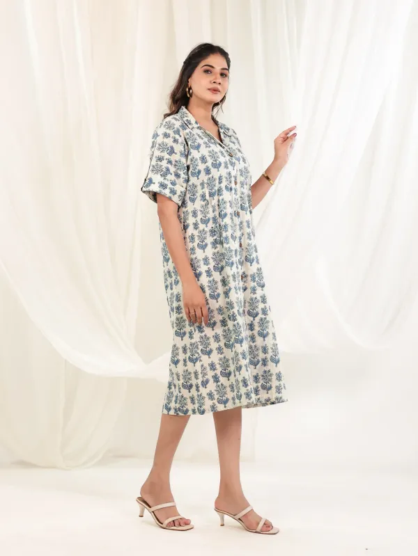 Off_White_Indigo_Cotton_Flared_Block_Print_Button_Down_Dress_For_Women
