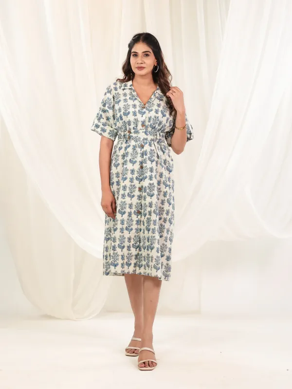 Off_White_Indigo_Cotton_Flared_Block_Print_Button_Down_Dress_For_Women
