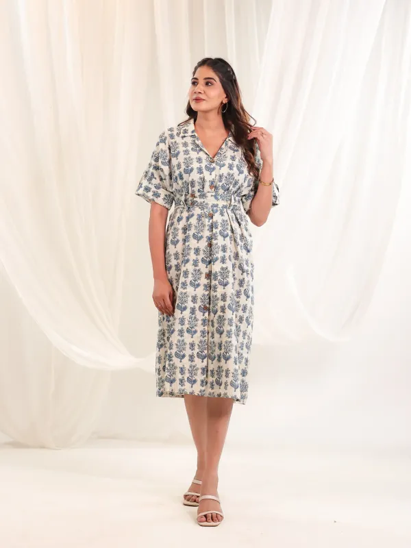 Off_White_Indigo_Cotton_Flared_Block_Print_Button_Down_Dress_For_Women
