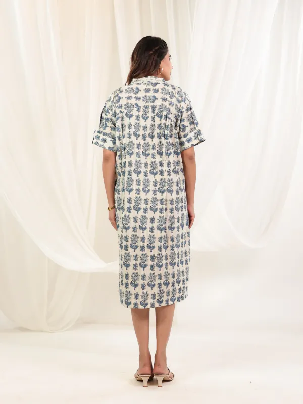 Off_White_Indigo_Cotton_Flared_Block_Print_Button_Down_Dress_For_Women