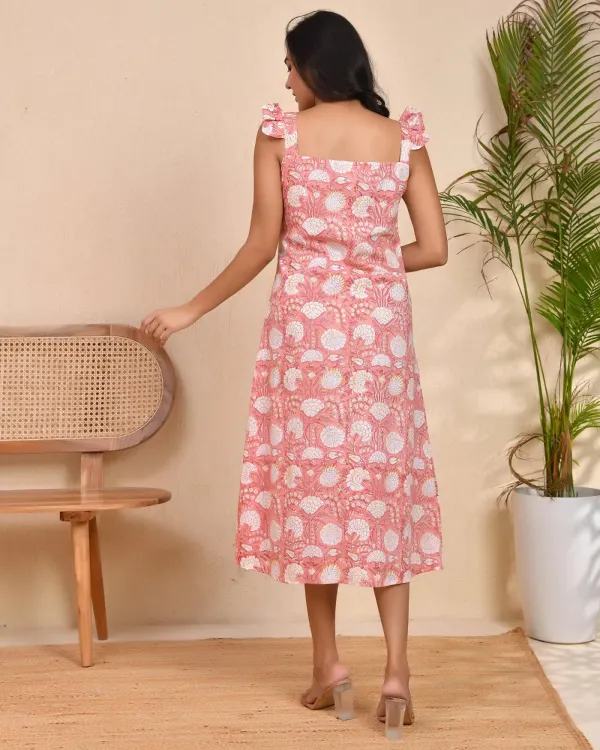 Peach_Cotton_Block_Print_Square_Neck_Lace_Slit_Midi_Dress_For_Women