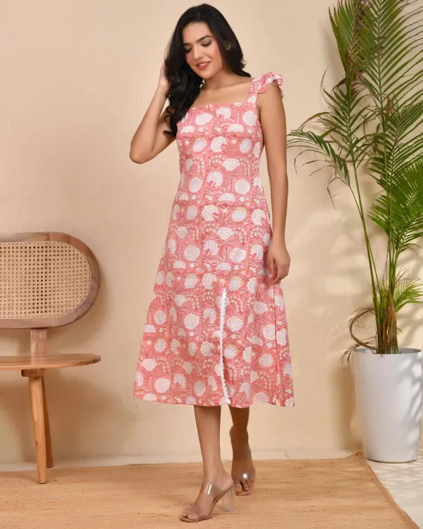 Peach_Cotton_Block_Print_Square_Neck_Lace_Slit_Midi_Dress_For_Women
