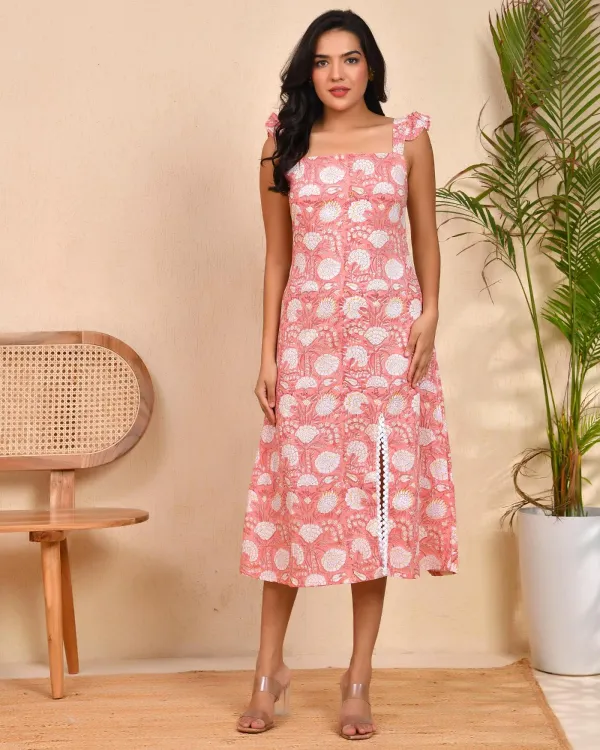 Peach_Cotton_Block_Print_Square_Neck_Lace_Slit_Midi_Dress_For_Women