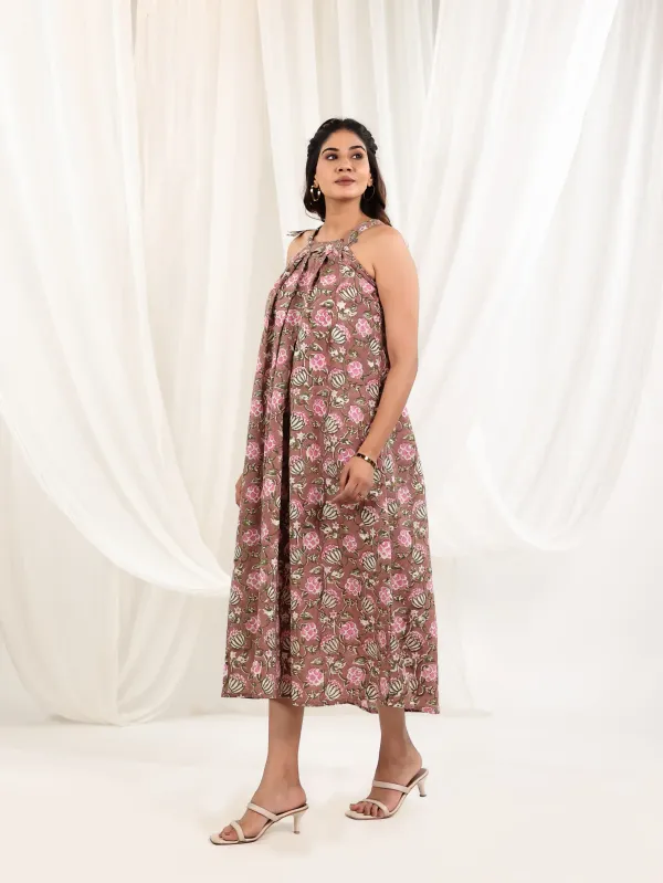 Brown_Cotton_Halter_Floral_Block_Print_Midi_Dress_For_Women