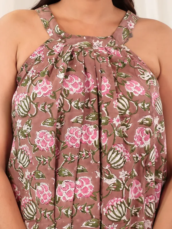 Brown_Cotton_Halter_Floral_Block_Print_Midi_Dress_For_Women
