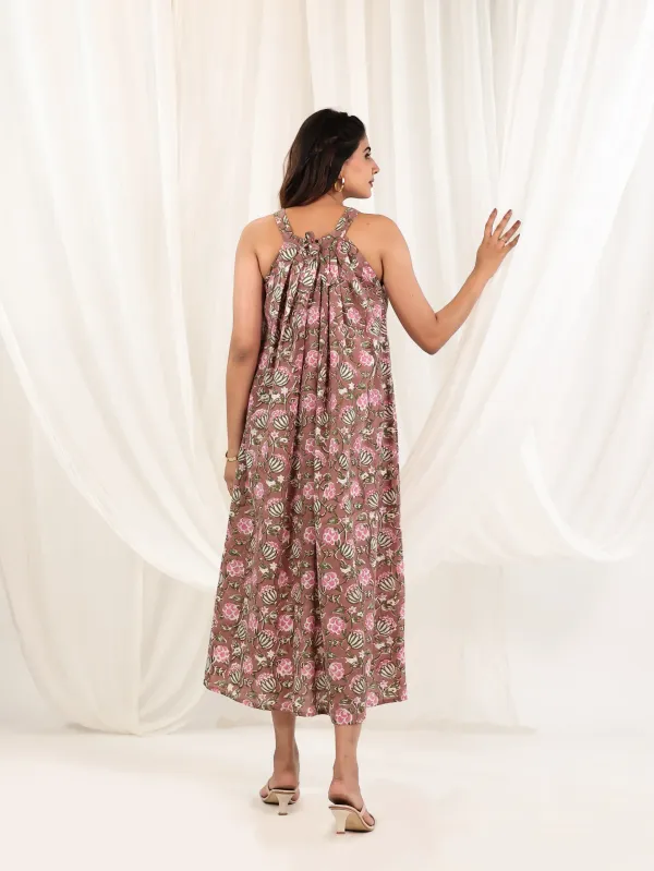 Brown_Cotton_Halter_Floral_Block_Print_Midi_Dress_For_Women