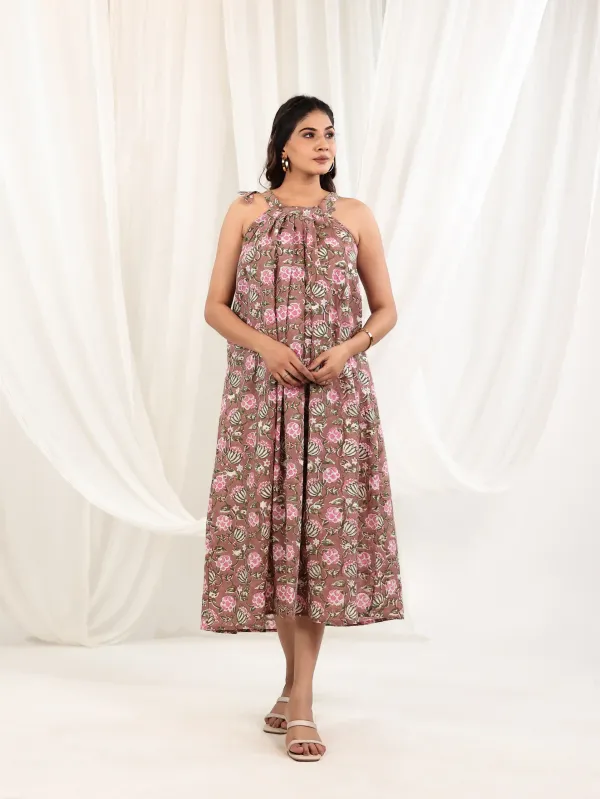 Brown_Cotton_Halter_Floral_Block_Print_Midi_Dress_For_Women