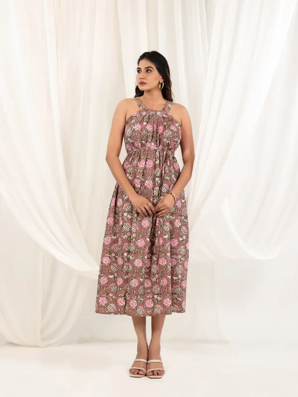 Brown_Cotton_Halter_Floral_Block_Print_Midi_Dress_For_Women