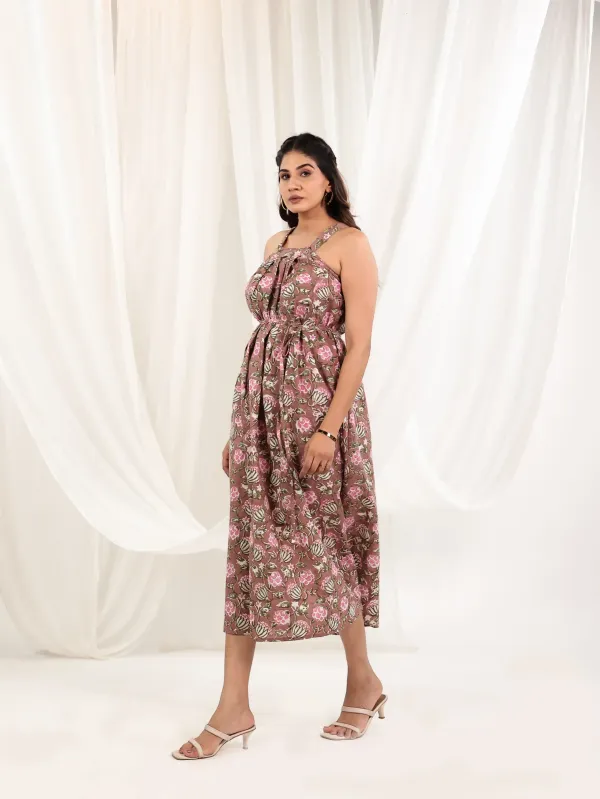 Brown_Cotton_Halter_Floral_Block_Print_Midi_Dress_For_Women