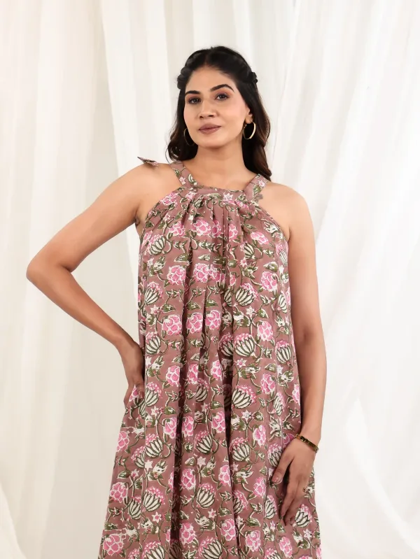 Brown_Cotton_Halter_Floral_Block_Print_Midi_Dress_For_Women
