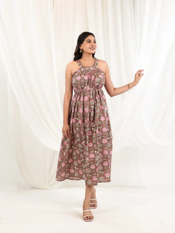 Brown_Cotton_Halter_Floral_Block_Print_Midi_Dress_For_Women