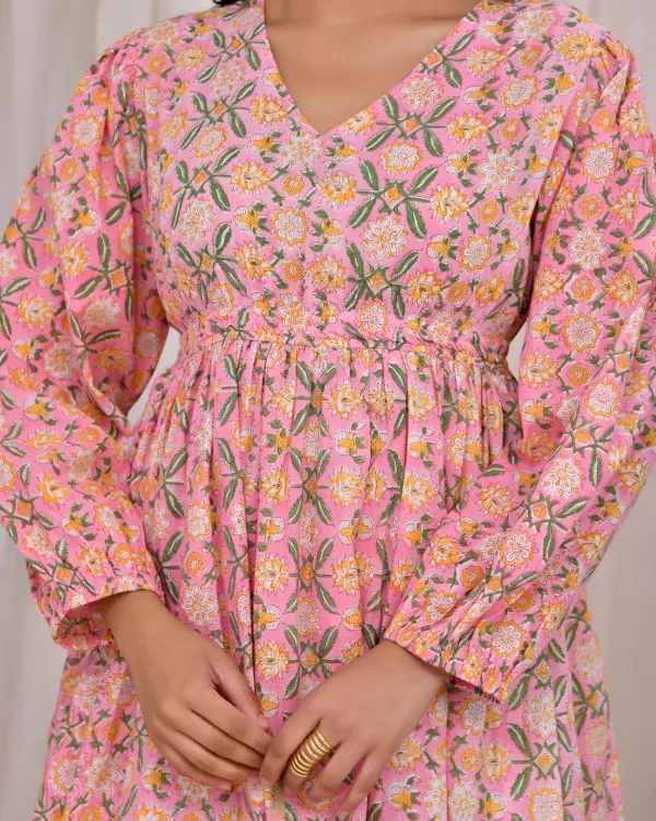 Pink_Cotton_Boho_Block_Print_Balloon_Sleeve_Mini_Dress_For_Women