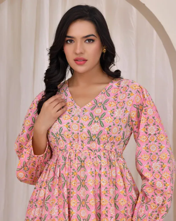 Pink_Cotton_Boho_Block_Print_Balloon_Sleeve_Mini_Dress_For_Women