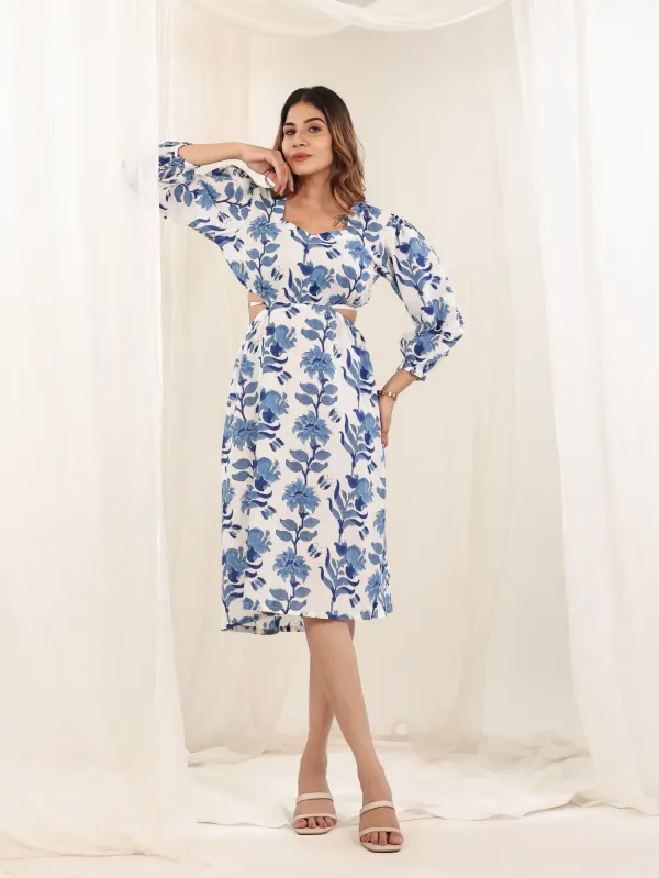 White_Blue_Cotton_Hand_Block_Print_Midi_Dress_For_Women