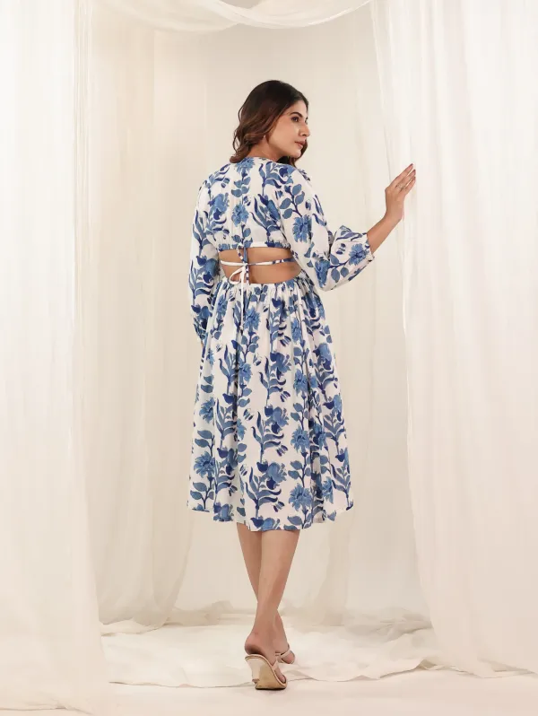 White_Blue_Cotton_Hand_Block_Print_Midi_Dress_For_Women