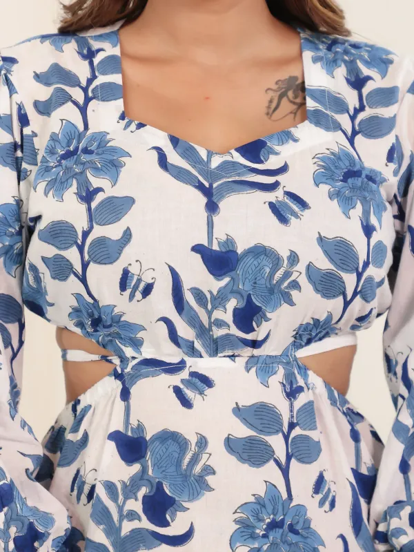 White_Blue_Cotton_Hand_Block_Print_Midi_Dress_For_Women