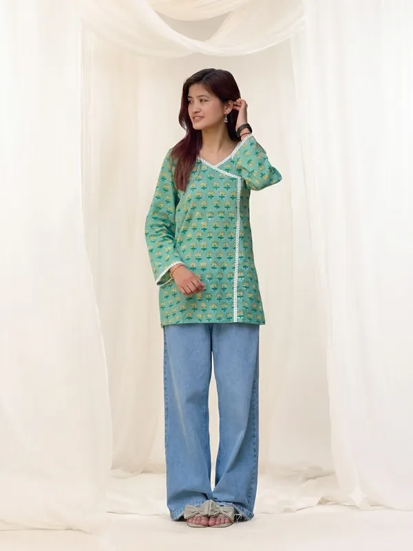 Sage_Green_Cotton_Angrakha_Hand_Block_Print_Short_Kurta_For_Women