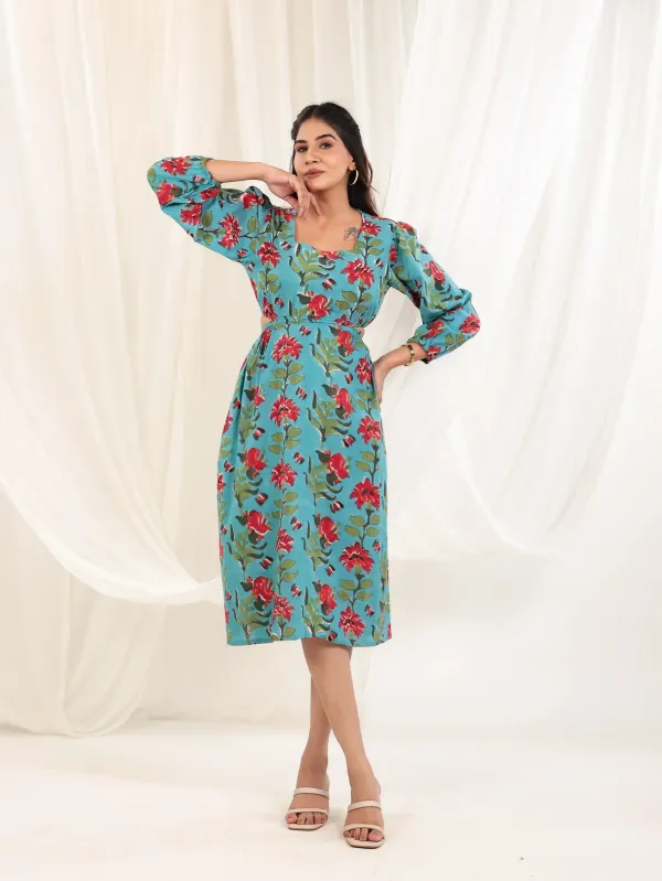 Teal_Blue_Cotton_Fit_Flare_Block_Print_Dress_For_Women