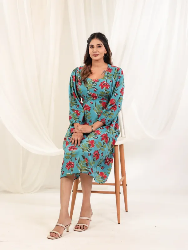 Teal_Blue_Cotton_Fit_Flare_Block_Print_Dress_For_Women