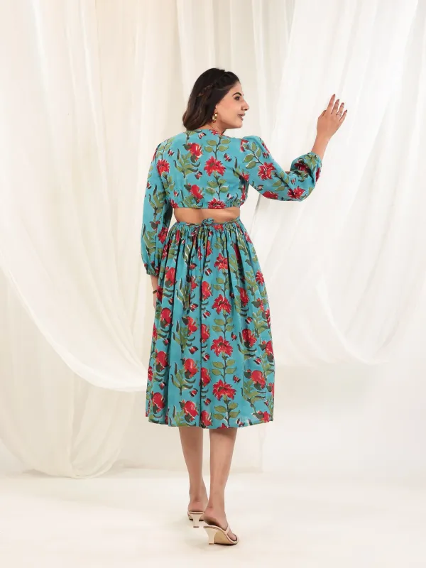 Teal_Blue_Cotton_Fit_Flare_Block_Print_Dress_For_Women