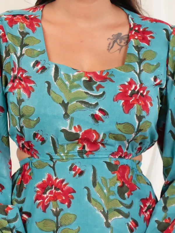 Teal_Blue_Cotton_Fit_Flare_Block_Print_Dress_For_Women
