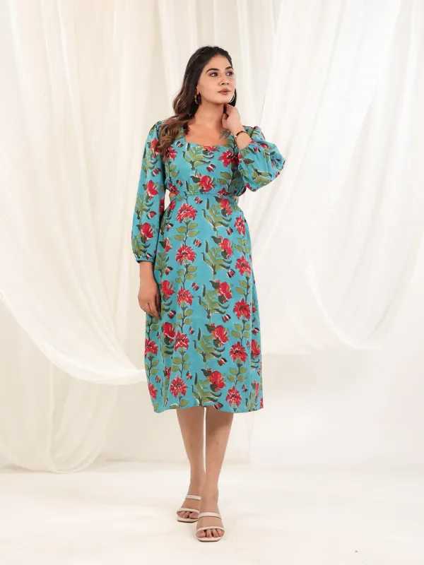 Teal_Blue_Cotton_Fit_Flare_Block_Print_Dress_For_Women