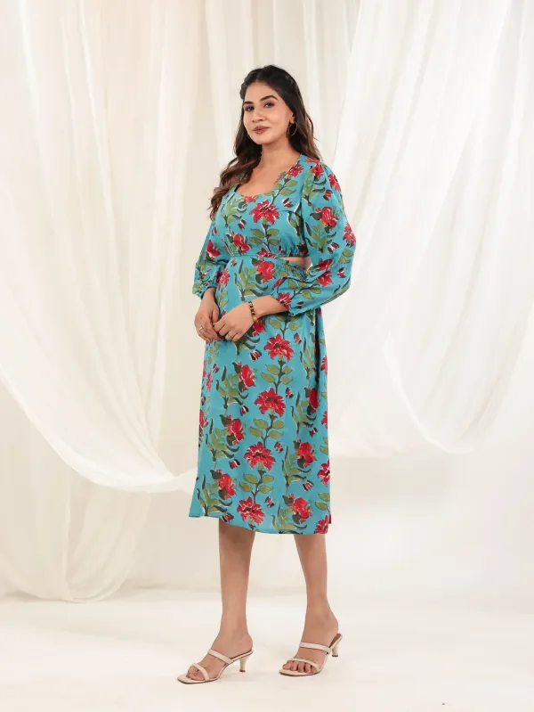 Teal_Blue_Cotton_Fit_Flare_Block_Print_Dress_For_Women