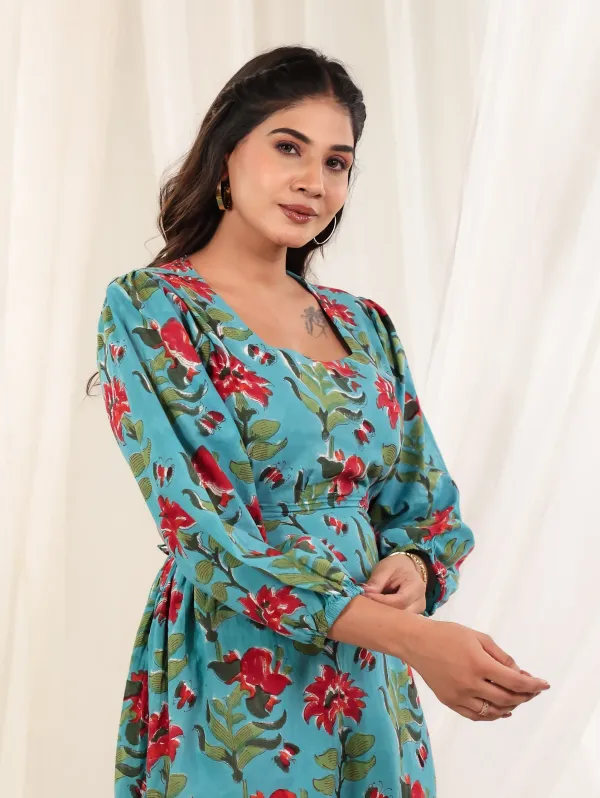 Teal_Blue_Cotton_Fit_Flare_Block_Print_Dress_For_Women
