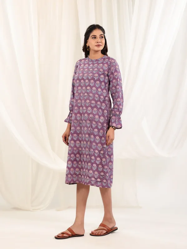 Lavender_Cotton_Block_Print_Midi_Dress_For_Women