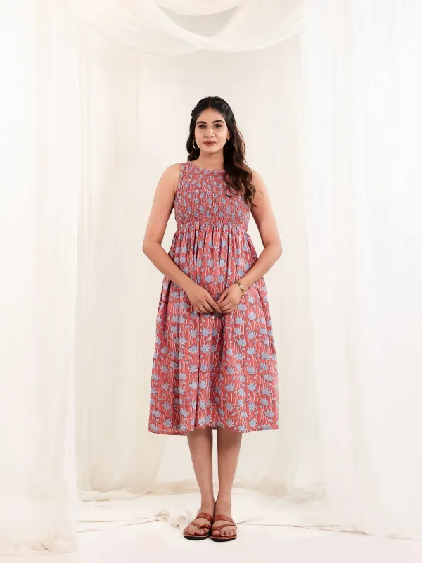 Rust_Cotton_Smocked_Block_Print_Flared_Midi_Dress_For_Women