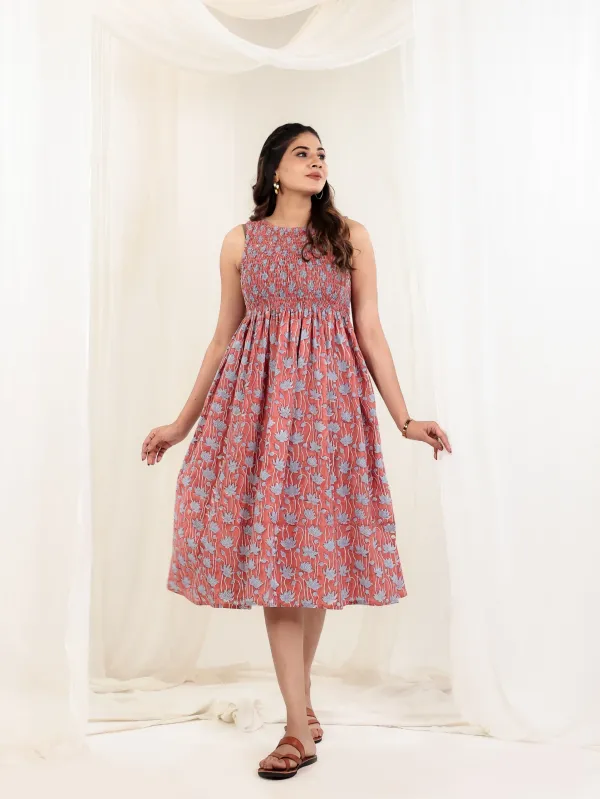 Rust_Cotton_Smocked_Block_Print_Flared_Midi_Dress_For_Women