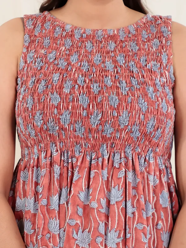 Rust_Cotton_Smocked_Block_Print_Flared_Midi_Dress_For_Women
