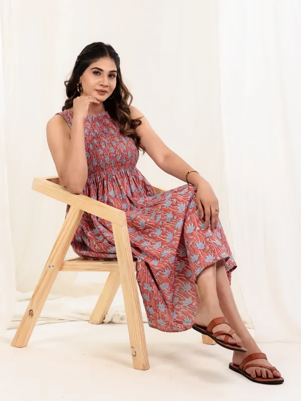 Rust_Cotton_Smocked_Block_Print_Flared_Midi_Dress_For_Women