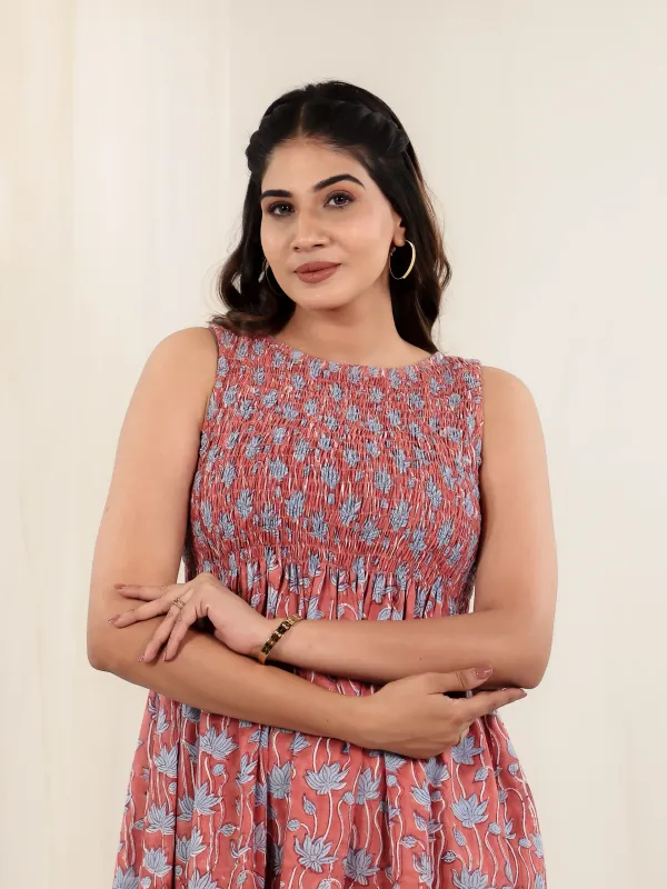 Rust_Cotton_Smocked_Block_Print_Flared_Midi_Dress_For_Women