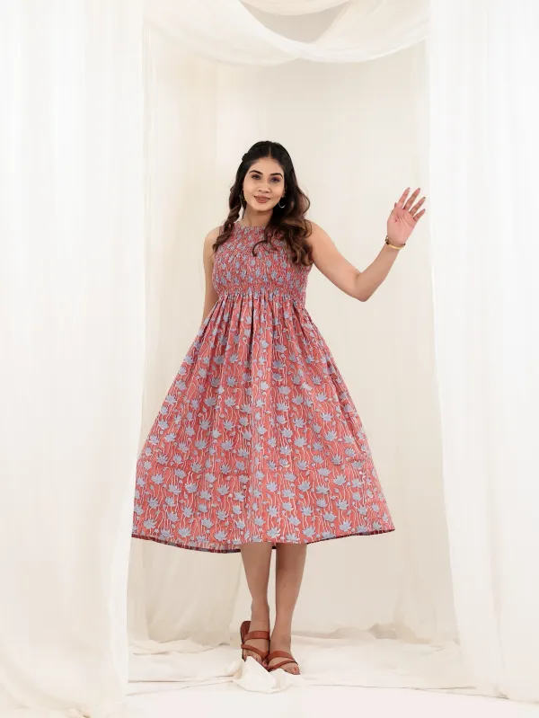 Rust_Cotton_Smocked_Block_Print_Flared_Midi_Dress_For_Women