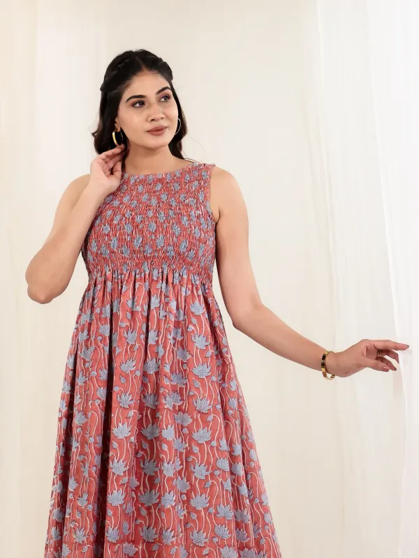 Rust_Cotton_Smocked_Block_Print_Flared_Midi_Dress_For_Women