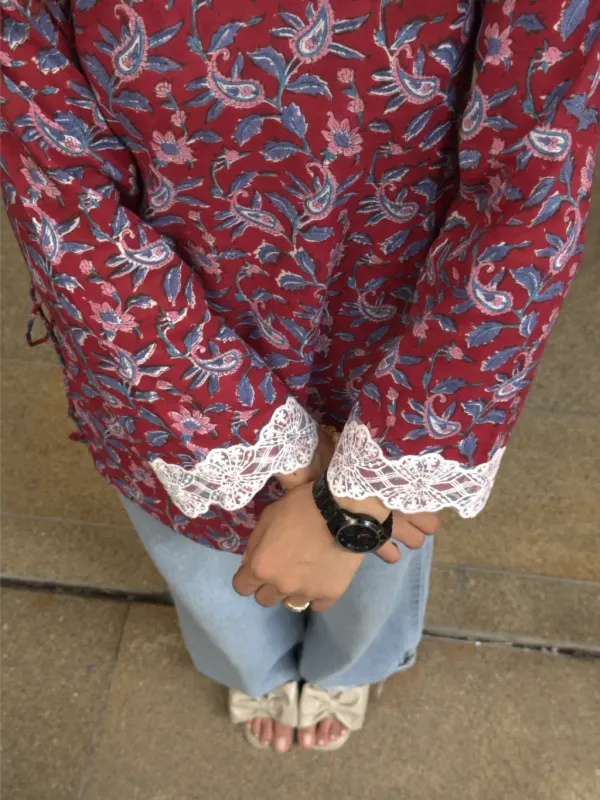 Maroon_Cotton_Hand_Block_Print_Short_Kurta_For_Women