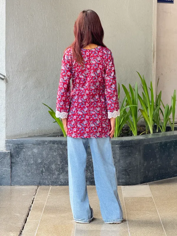 Maroon_Cotton_Hand_Block_Print_Short_Kurta_For_Women