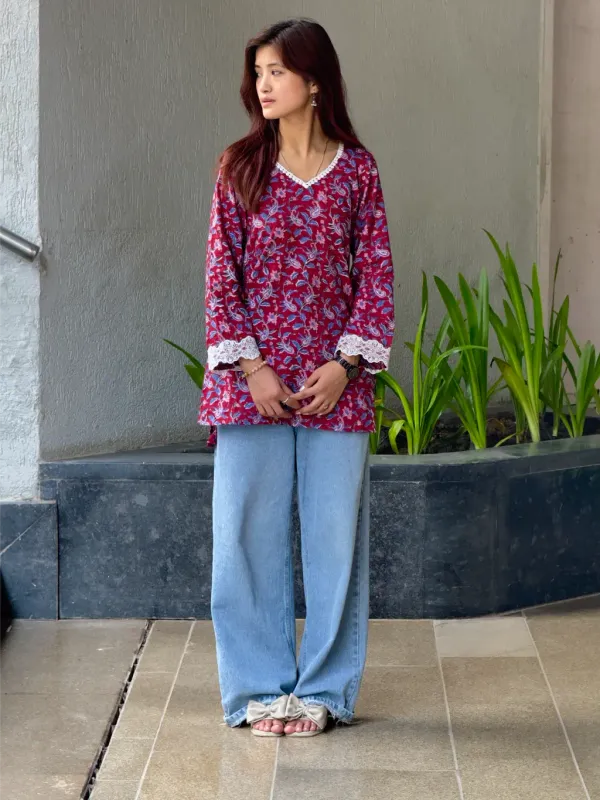 Maroon_Cotton_Hand_Block_Print_Short_Kurta_For_Women