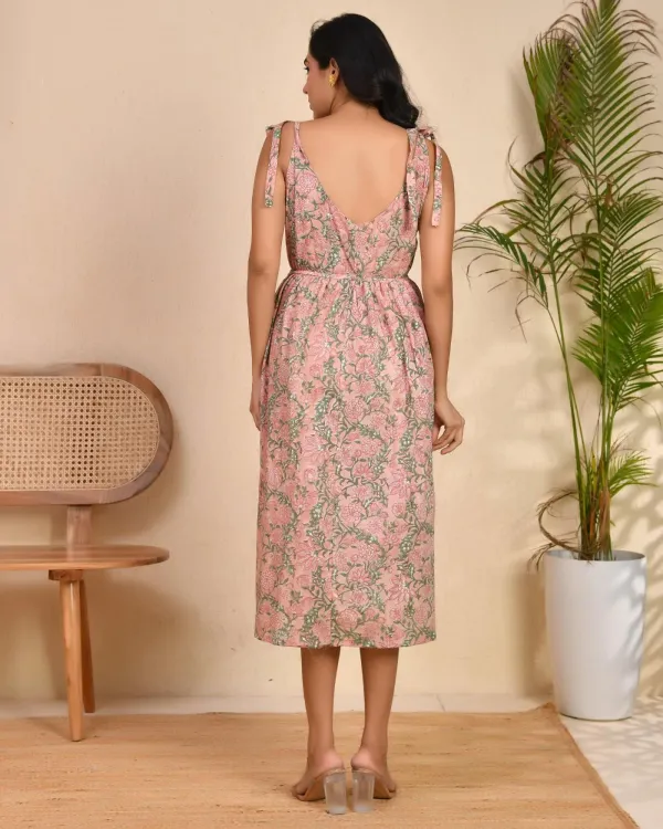 Peach_Cotton_Floral_Block_Print_Shoulder_Tie_Midi_Dress_For_Women