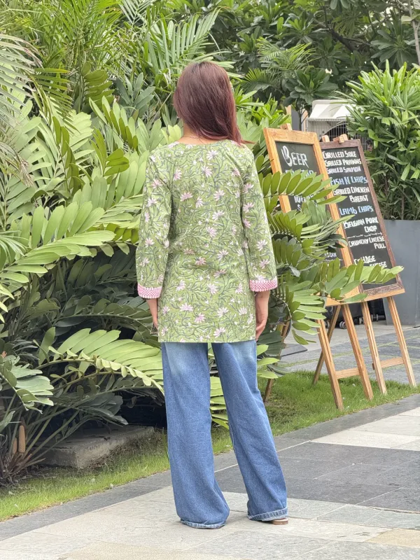 Olive_Green_Cotton_Hand_Block_Print_Short_Kurta_For_Women