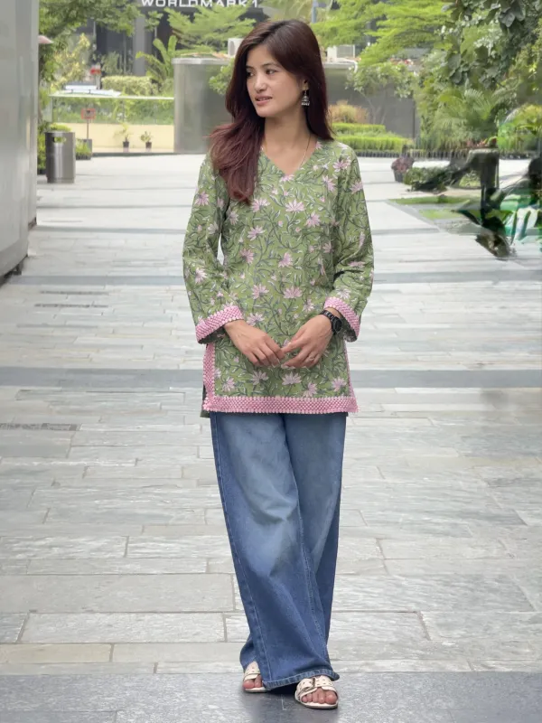 Olive_Green_Cotton_Hand_Block_Print_Short_Kurta_For_Women