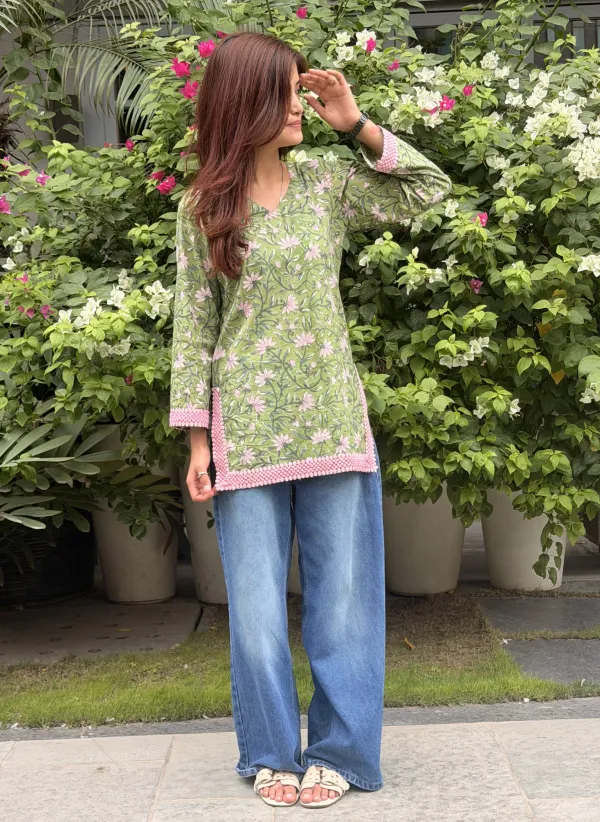 Olive_Green_Cotton_Hand_Block_Print_Short_Kurta_For_Women