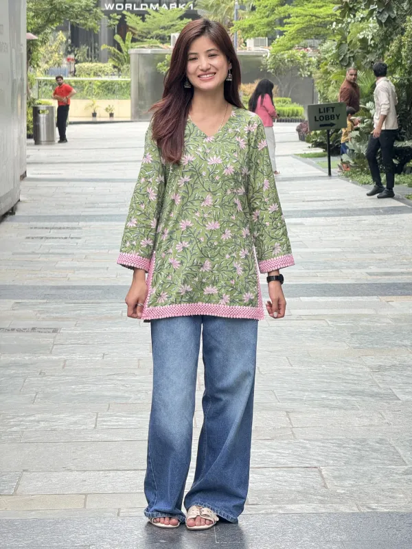 Olive_Green_Cotton_Hand_Block_Print_Short_Kurta_For_Women