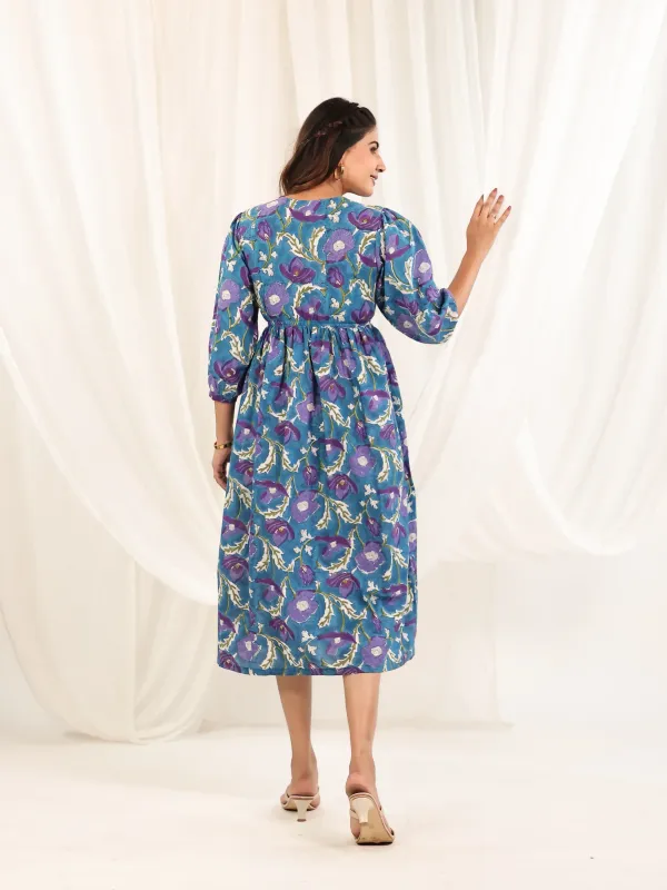 Blue_Purple_Cotton_Empire_Waist_Block_Print_Midi_Dress_For_Women
