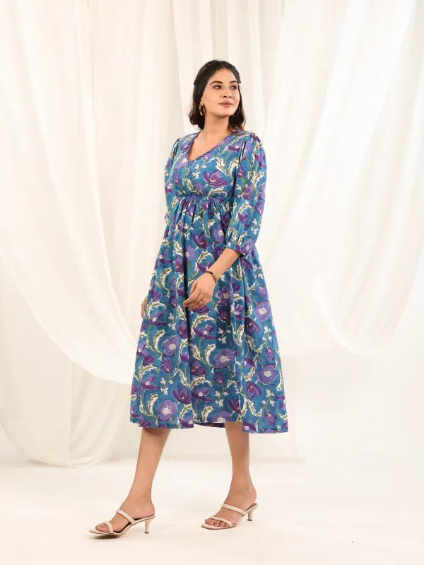 Blue_Purple_Cotton_Empire_Waist_Block_Print_Midi_Dress_For_Women