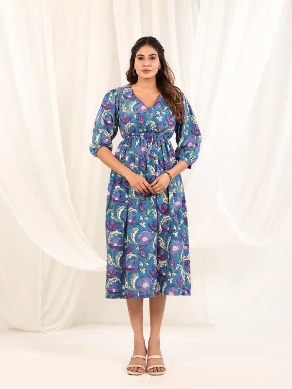 Blue_Purple_Cotton_Empire_Waist_Block_Print_Midi_Dress_For_Women
