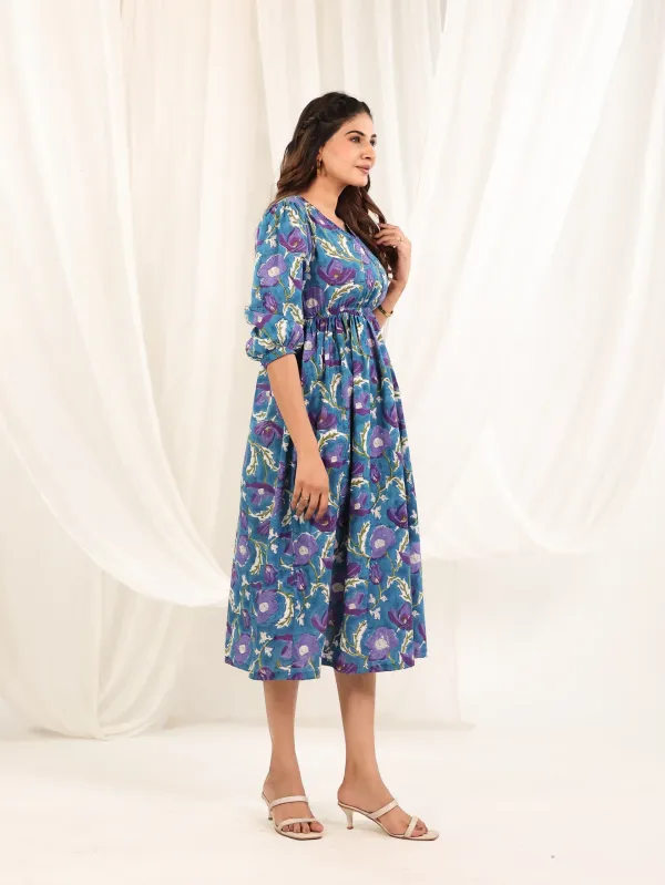 Blue_Purple_Cotton_Empire_Waist_Block_Print_Midi_Dress_For_Women